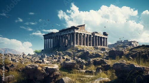 Post-apocalyptic world reclaims Greek temple nature overruns ruins photo