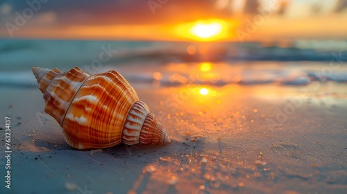 A lone seashell on a sandy shore at sunset: perfect for postcards or banners. Concept Beach, Sunset, Seashell, Sand, Ocean © Anastasiia
