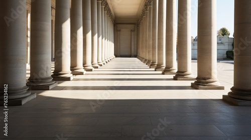 Rows of Doric columns form shaded walkway casting patterns on ground