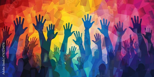 Hands up silhouettes, horizontal border. Decoration element from rainbow raised hands.
