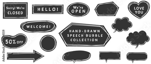 シンプルでおしゃれな黒いふきだしのイラストセット　ベクター、手書き、白バック、白背景、背景なし、モノクロ