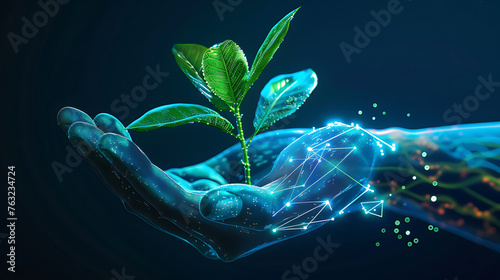 Digital human hand holds the plant in palms. Generative  Ai