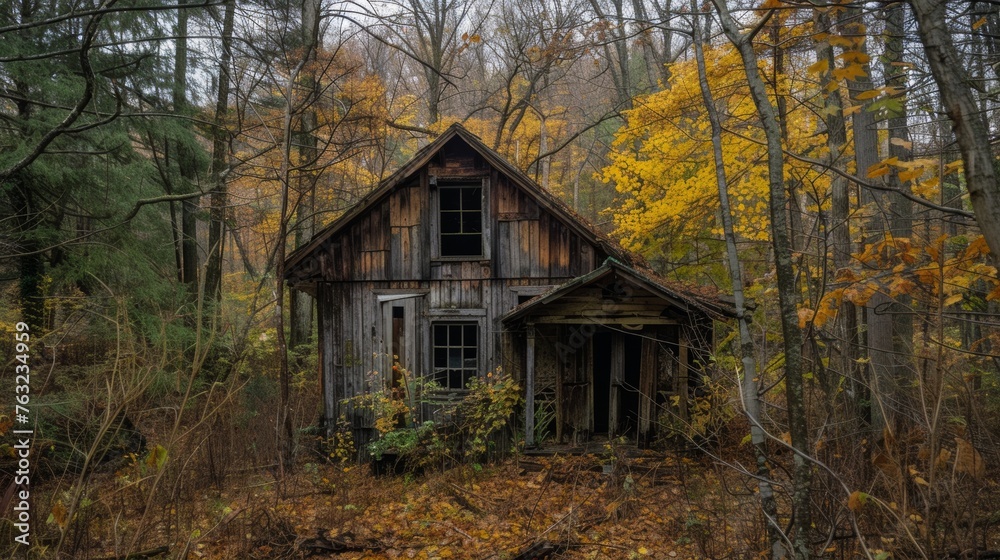 Abandoned wooden cabin in autumn forest Abandoned wooden cabin in autumn forest