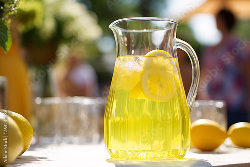 Glass pitcher with yellow homemade lemonade on table at lemonade sale booth photo