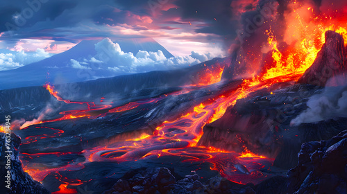 Realistic Volcanic Landscape with Lava Flow and Asteroid Cloud photo