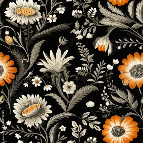 Detailed Vintage Floral Seamless Pattern with Vibrant Orange Flowers on a Bold Black Background  Perfect for Various Creative Projects Including Fabric Design  Stationery  Wallpaper  and Packaging.
