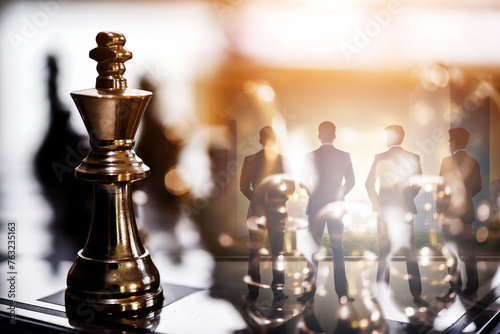 double exposure of chess piece on chess board game with silhouette business team and strategy, business success concept, business competition planning teamwork strategic concept.	