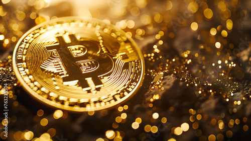 Golden bitcoin digital currency, futuristic digital money, technology worldwide network concept. Generative Ai