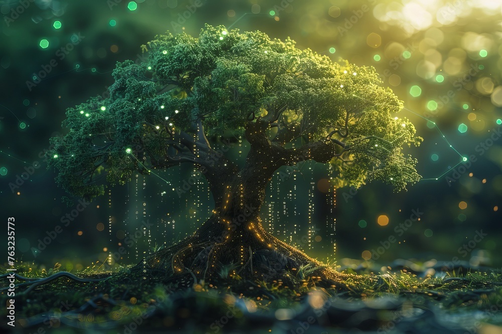 A tree growing in the ground with digital icons and data flowing from ...