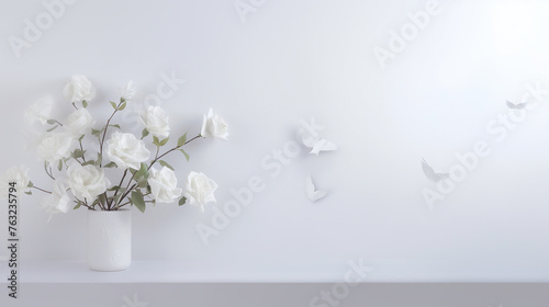 horizontal image of white background with a vase of flowers on the lower left hand side and doves flying photo