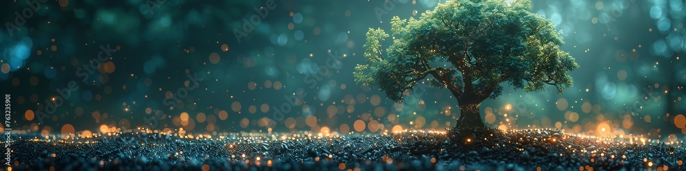 A tree growing in the ground with digital icons and data flowing from it, representing technology's role as a symbol for environmental protection. The background is blurred, creating a sense of depth. - obrazy, fototapety, plakaty 