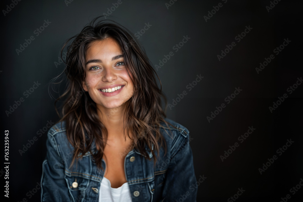 jeune femme souriante aux cheveux brun et long portant une veste en jeans sur fond sombre de type studio, espace pour texte - obrazy, fototapety, plakaty 