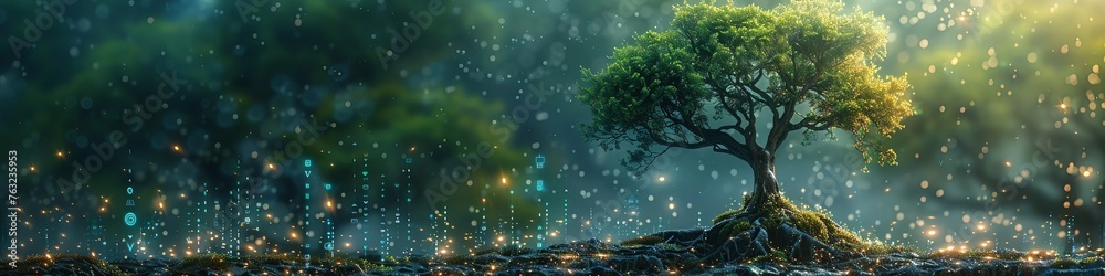 A tree growing in the ground with digital icons and data flowing from it, representing technology's role as a symbol for environmental protection. The background is blurred, creating a sense of depth. - obrazy, fototapety, plakaty 