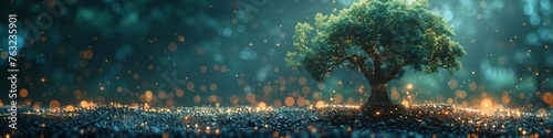 A tree growing in the ground with digital icons and data flowing from it, representing technology's role as a symbol for environmental protection. The background is blurred, creating a sense of depth. photo