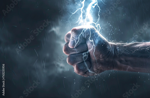 Lightning fist over a dark background, A fist of power hold the lightning, A fist of power hold the lightning in a dark background