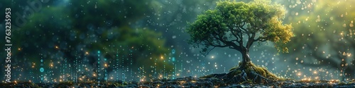 A tree growing in the ground with digital icons and data flowing from it, representing technology's role as a symbol for environmental protection. The background is blurred, creating a sense of depth.