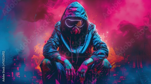 Mężczyzna ubrany w kaptur siedzi na ziemi. Tło przedstawia brutalistyczne cyberpunkowe dzieło sztuki z neonową mgłą w tle.