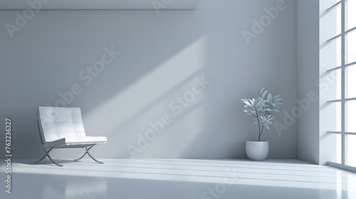 A white chair is sitting in a room with a large window