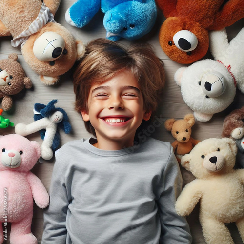 Happy young boy surrounded by his stuffed animals shot from above.