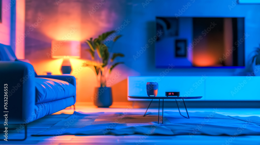 Cozy evening living room in neon light Cozy evening living room in neon light