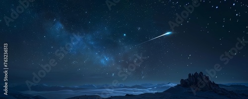 Night sky with milky way and shooting star over mountain landscape