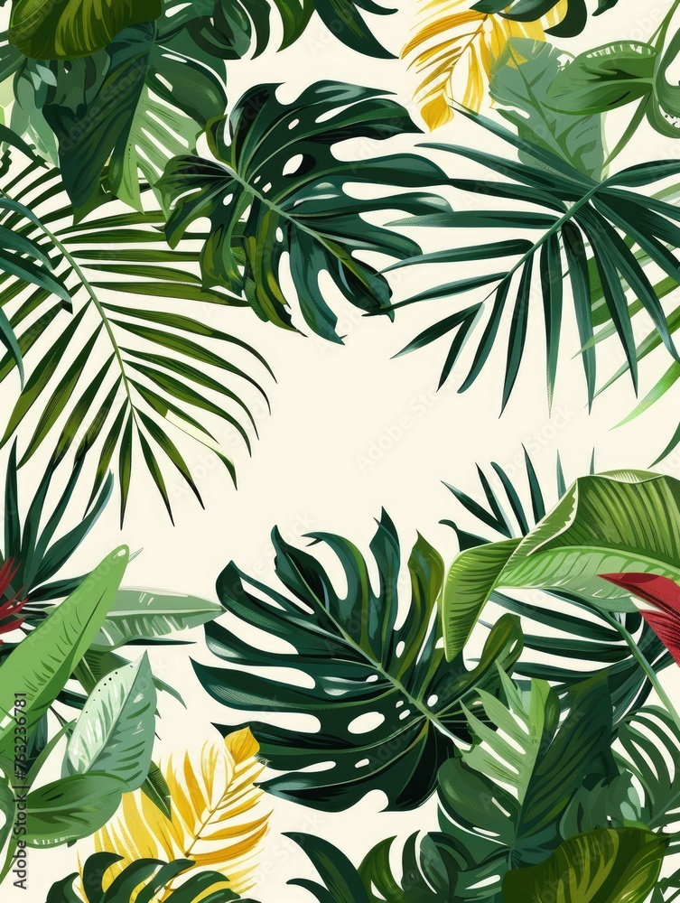 Tropical leaves and flowers graphic design - Illustrated tropical leaves and yellow flowers with dynamic overlay and shadows, conveying a lush rainforest vibe