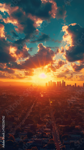 Sunset view of Los Angeles skyline - Majestic image featuring a dramatic sunset casting a golden glow over the Los Angeles skyline, embodying the essence of urban beauty and the end of a day