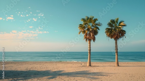 A serene beach scene with palm trees calm sea and a beautiful sky blending seamlessly. Concept Beach Photography, Tropical Landscape, Serenity, Palm Trees, Ocean View
