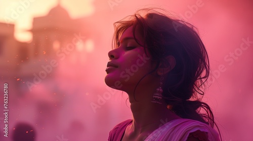 Obraz na płótnie Kobieta rozkoszująca się chwilą przed intensywnie różową mgłą podczas celebracji kolorów Holi.