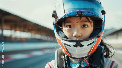 Young girl in racing helmet at a go-kart track - A determined young girl in a professional racing helmet peers into the distance at a go-kart track, hinting at dreams of racing © Mickey
