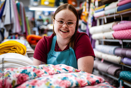 Jeune fille handicapée, trisomique, souriante, travaillant comme vendeuse dans un magasin photo