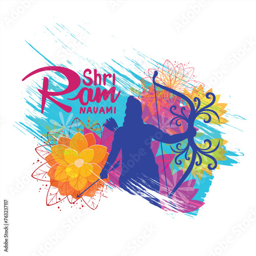 Shri Ram Navami celebration background for religious festival of India grungy texture decorative illustration of Lord Rama with bow arrow with text Shri Ram Navami