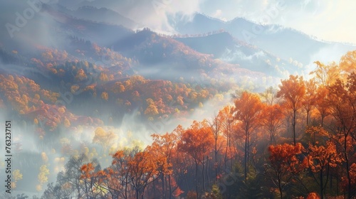 Fall fog in the mountain with trees