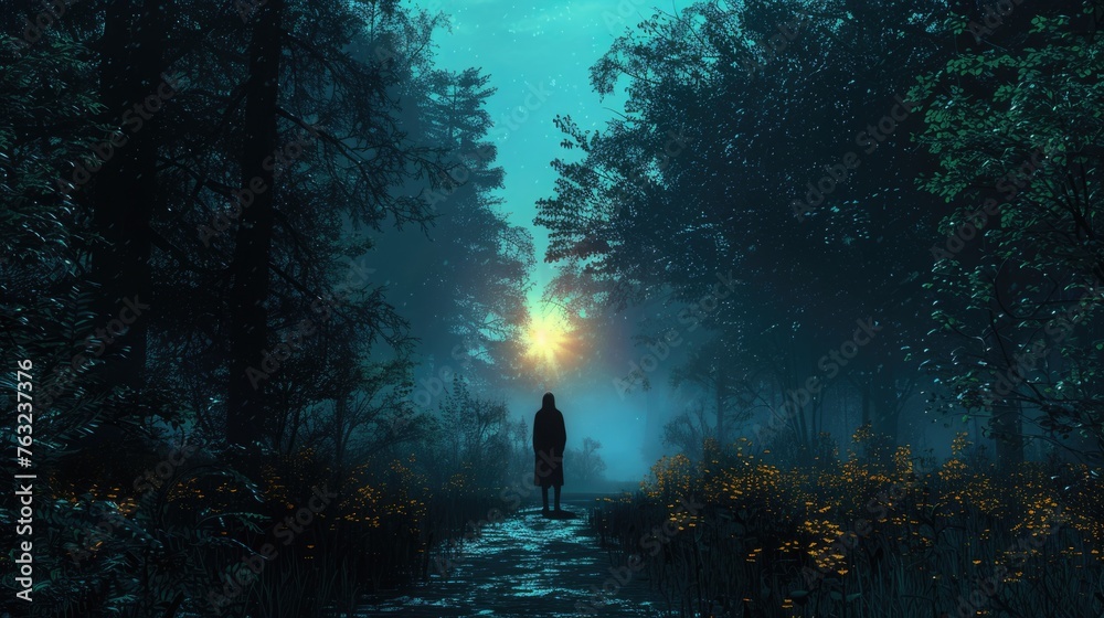 A silhouette of a person standing at the edge of a dark forest, gazing towards a narrow path leading to a brightly lit clearing, symbolizing a journey from isolation to hope - obrazy, fototapety, plakaty 