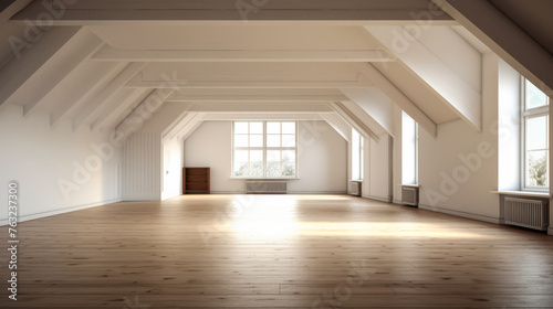 A large  empty room with a lot of windows and a wooden floor. The room is very open and spacious  with a lot of natural light coming in through the windows