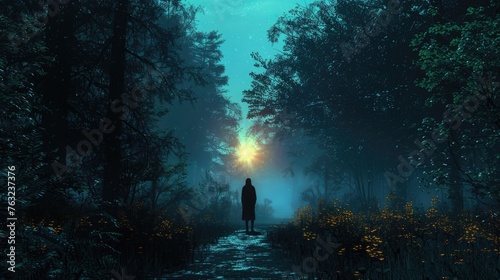 A silhouette of a person standing at the edge of a dark forest, gazing towards a narrow path leading to a brightly lit clearing, symbolizing a journey from isolation to hope