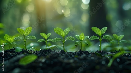 Young plants growing on fertile soil with bokeh background photo