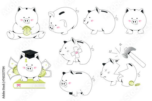 Piggy bank vector illustrations set isolated on white background. Different types and poses of funny penny bank characters. Money box in student hat. Editable stroke.