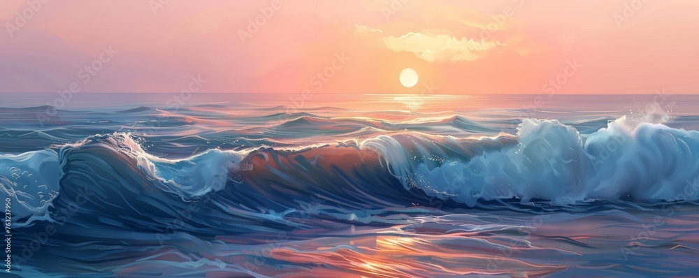 Scenic ocean sunset with waves - obrazy, fototapety, plakaty 