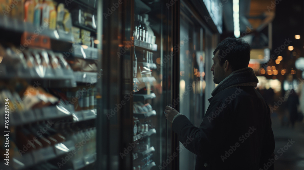 Solitary man examining choices of refrigerated goods in a store at night.