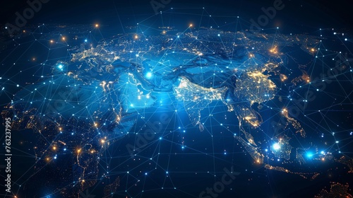 The Asian map in a digital format showcases the interconnectedness of the world through network technology, allowing for seamless data transfer, cyber advancements.