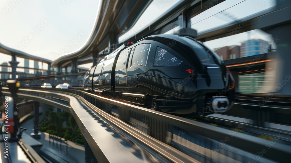 Futuristic train speeding on an elevated track in a modern cityscape.