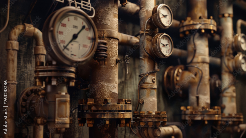 An industrial setting filled with rusty pipes and pressure gauges. An industrial setting filled with rusty pipes and pressure gauges.