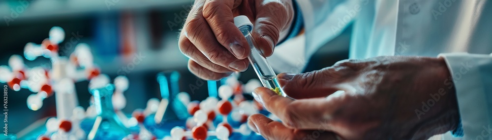 Close-up of scientists hands conducting drug synthesis experiment