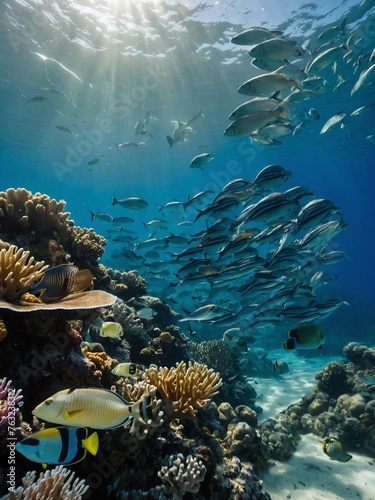  a large group of fish swimming over a coral reef in the ocean photo