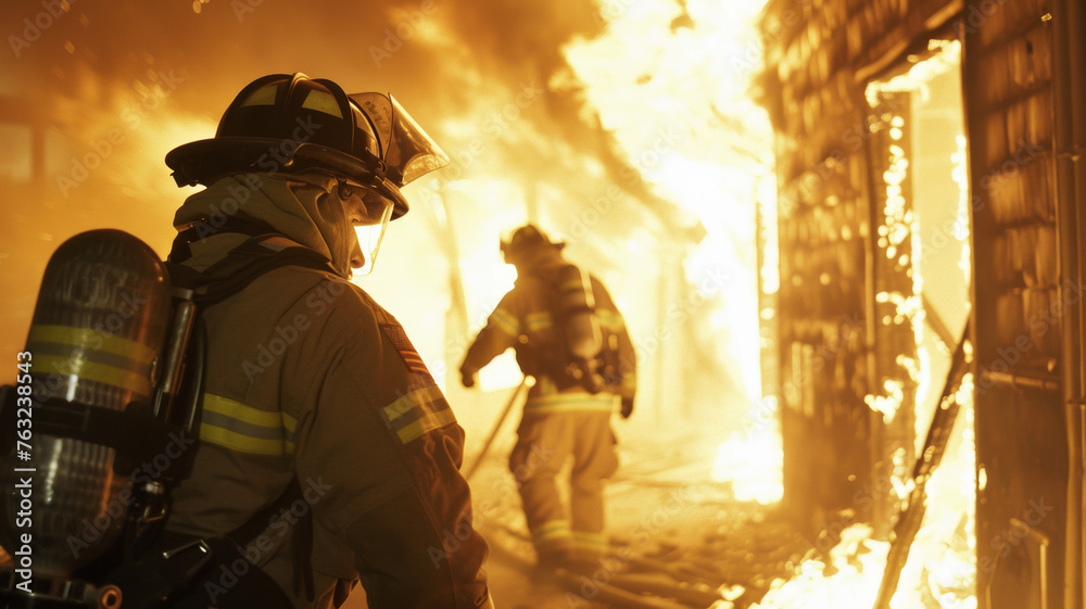 Fototapeta premium Brave firefighters engaging a fierce blaze in a nocturnal operation.