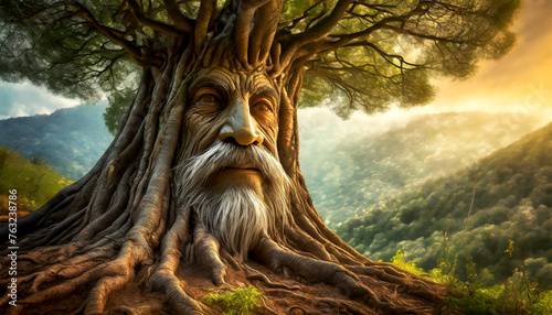Old twisted roots coming out of the ground, transforming into the face of an old man with a beard and mustache and a large tree. On background a landscape with a forest at sunset. Generative Ai.