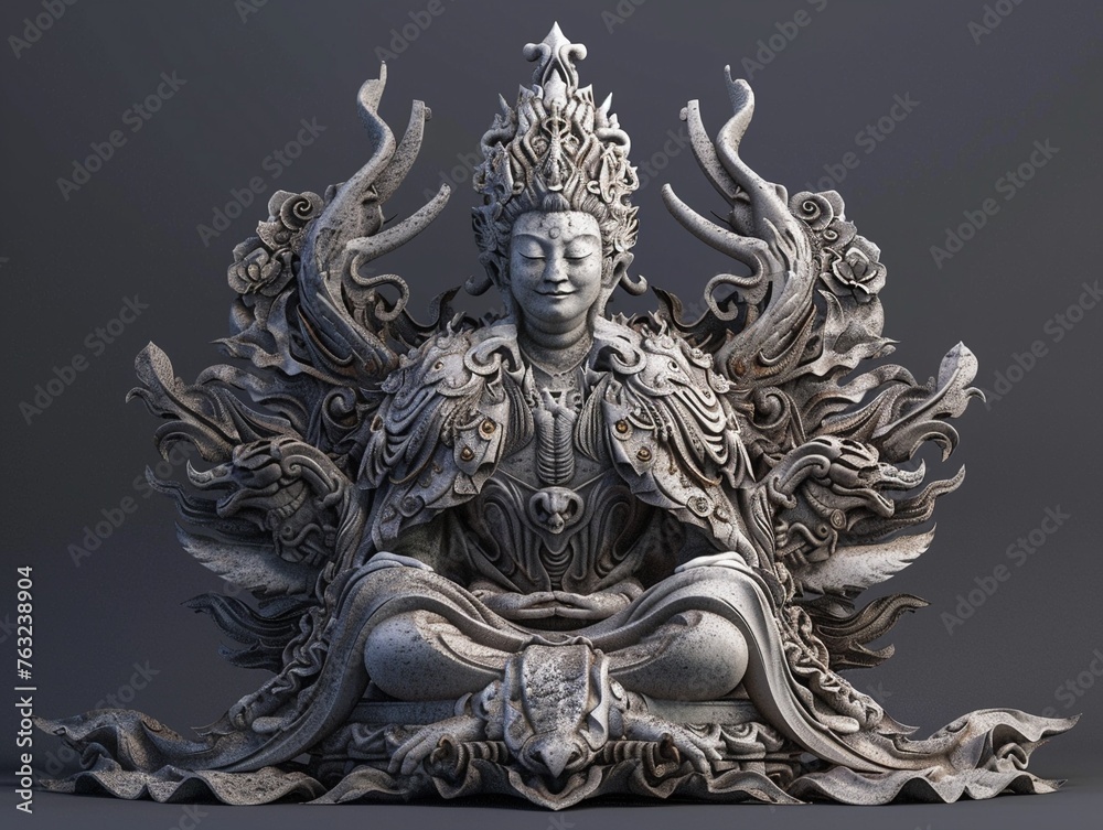 A sinister and menacing version of a Buddha sculpture, high detailed.