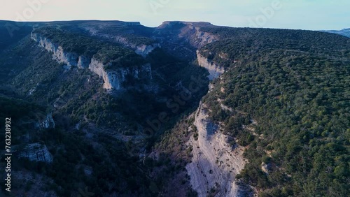 Aerial view from a drone of the Dulla Canals in Quintanilla de Valdebodres. Merindad de Sotoscueva. Las Merindades region. Burgos. Castile and Leon. Spain. Europe photo