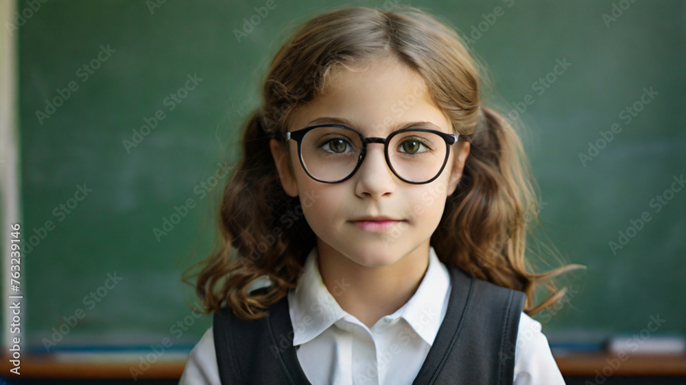Cute elementary school student girl in the classroom
